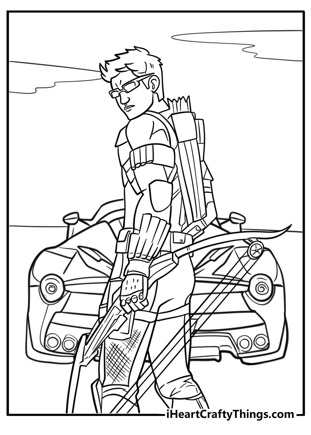 Hawkeye standing near a car with bow free printable coloring page