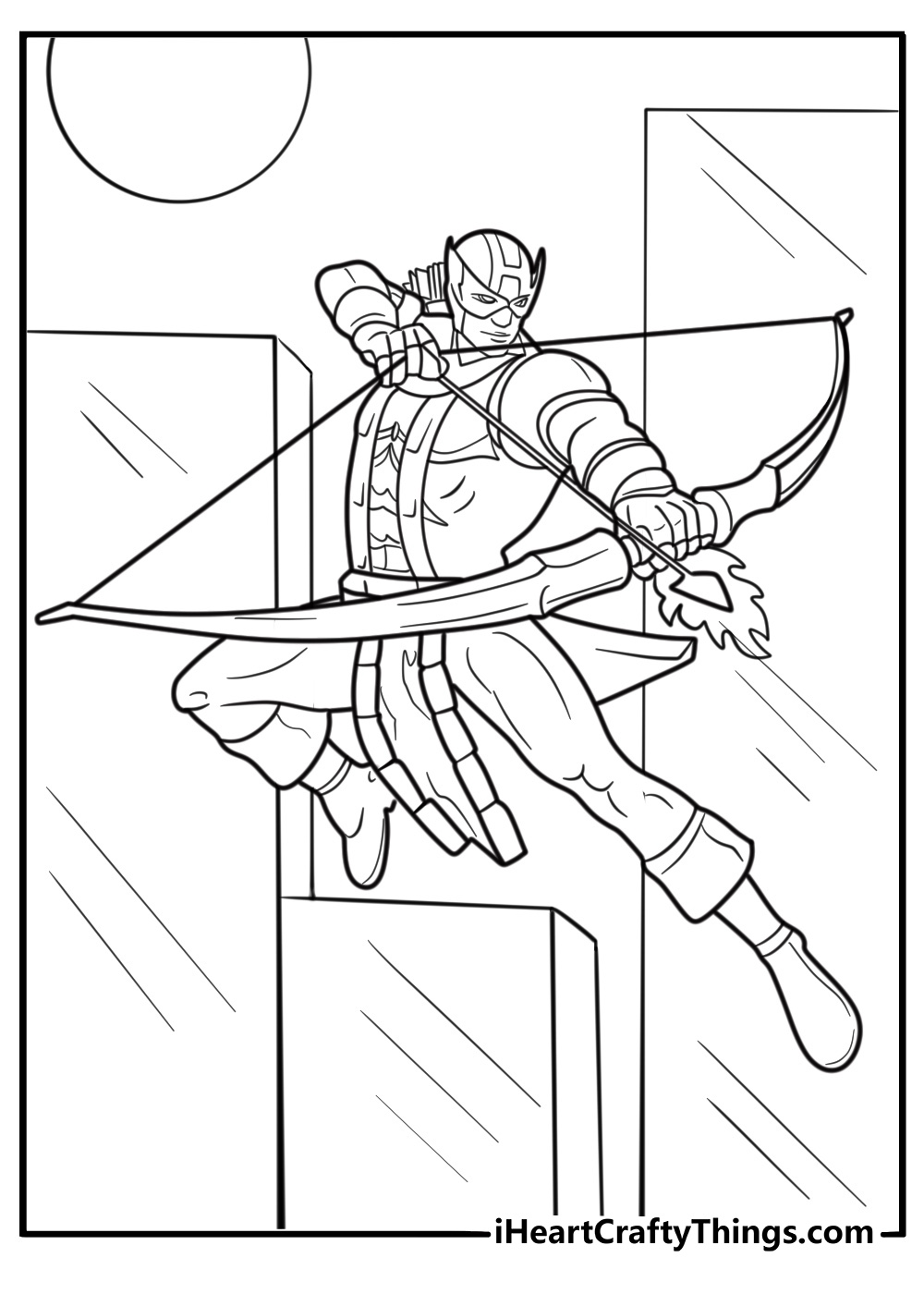 Hawkeye with a flaming arrow coloring page for kids