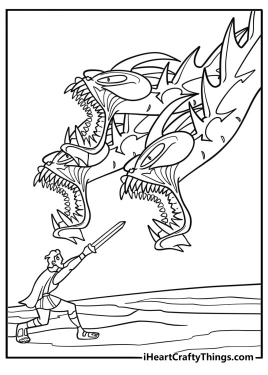 Hercules fighting the multi-headed Hydra monster coloring page