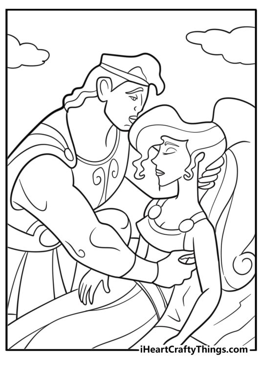 Hercules holding Megara after rescuing her coloring sheet