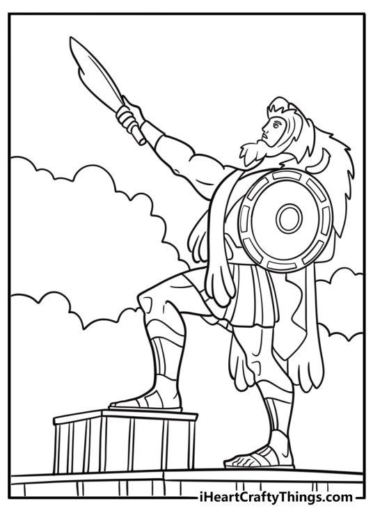 Hercules standing with gods on Mount Olympus after earning immortality coloring sheet