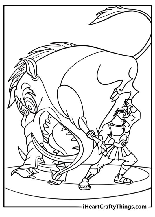Hercules wrestling a giant boar in the forest coloring page