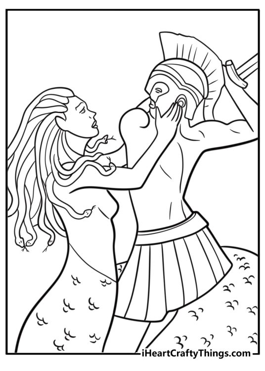 Hero using sword against Medusa coloring page