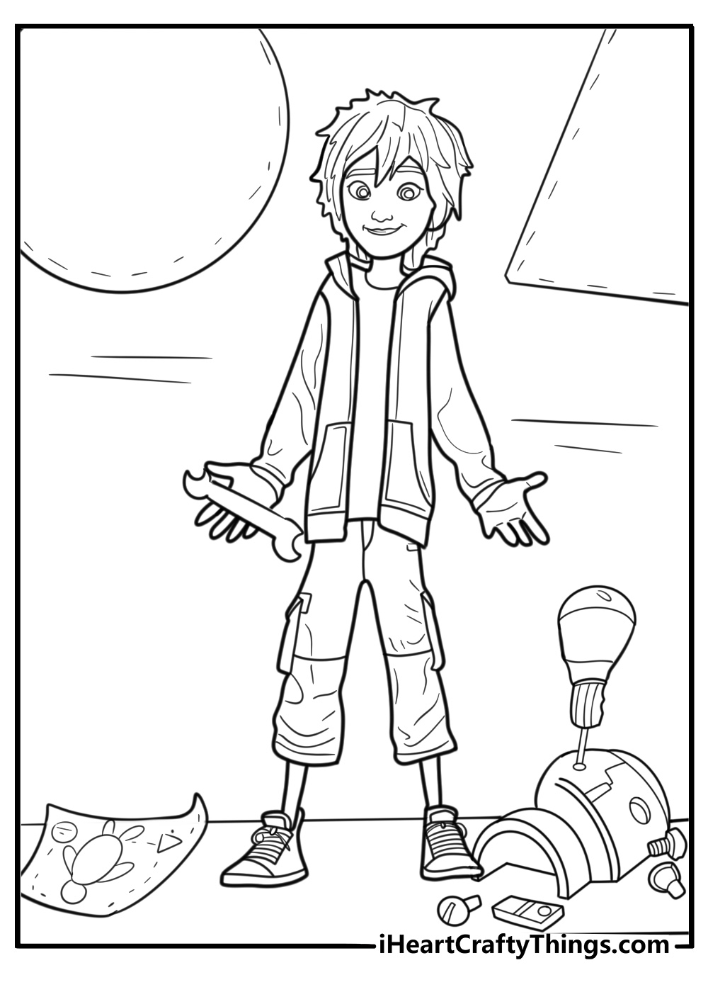 Hiro surrounded by blueprints and tools coloring page
