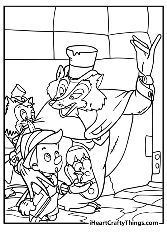 Honest john and gideon tricking pinocchio coloring page