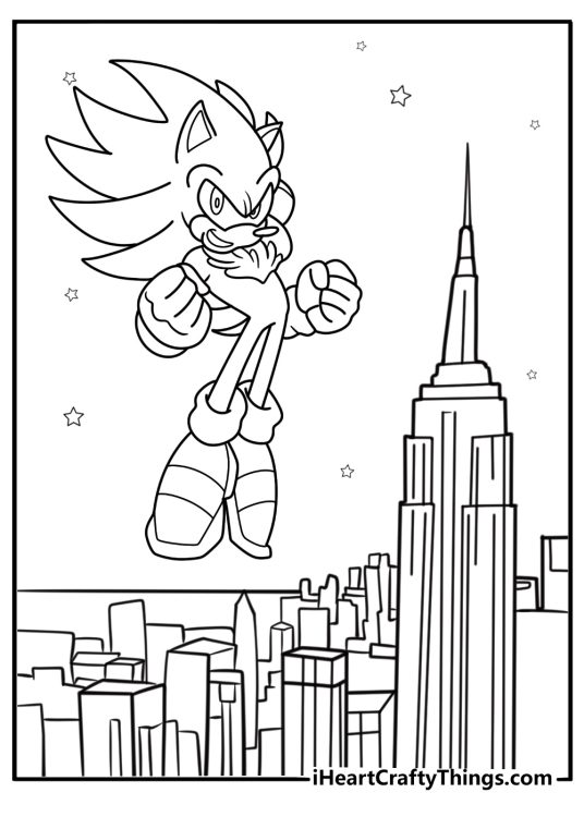 Hyper Sonic above a glowing city coloring page
