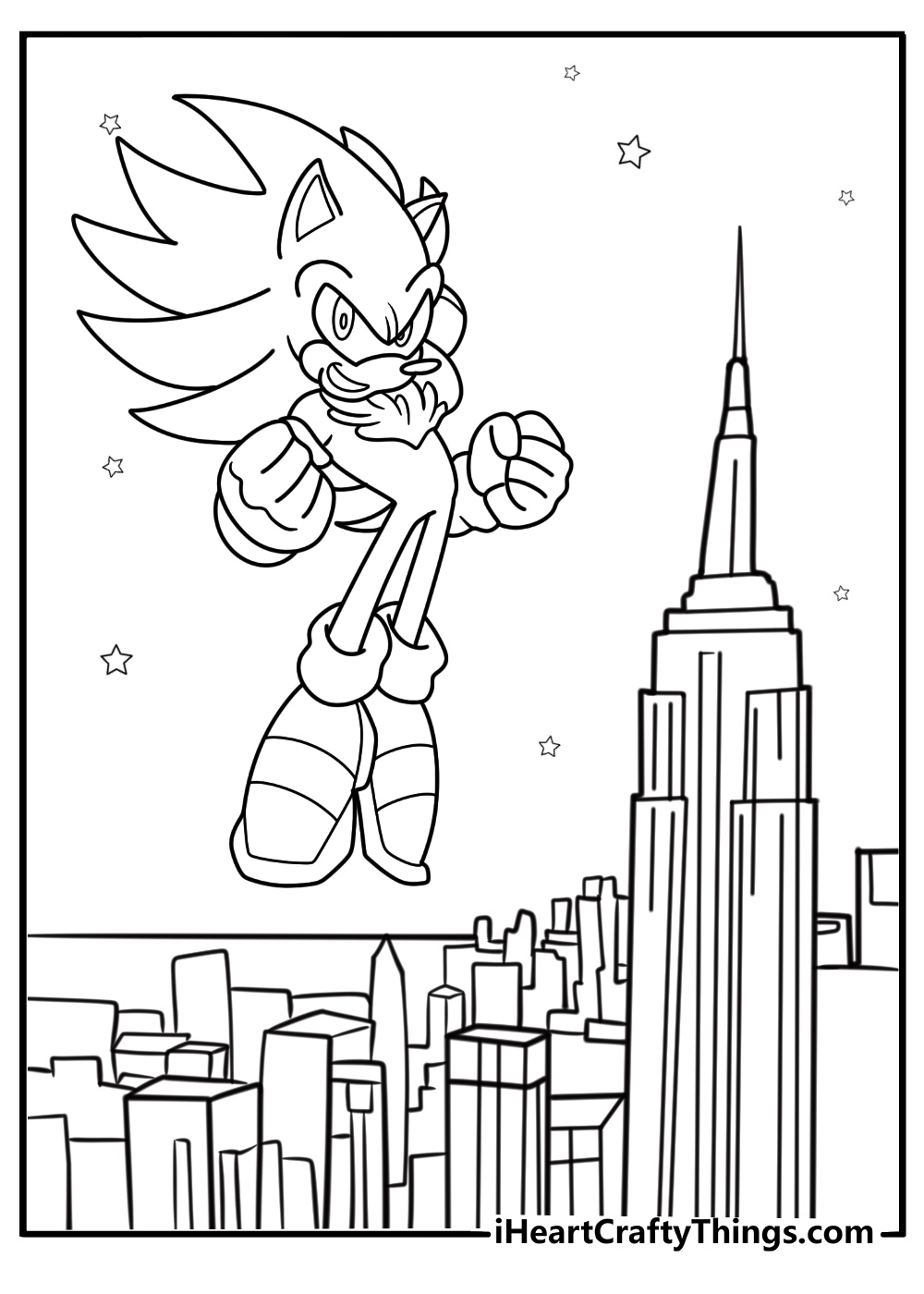 Hyper Sonic above a glowing city coloring page