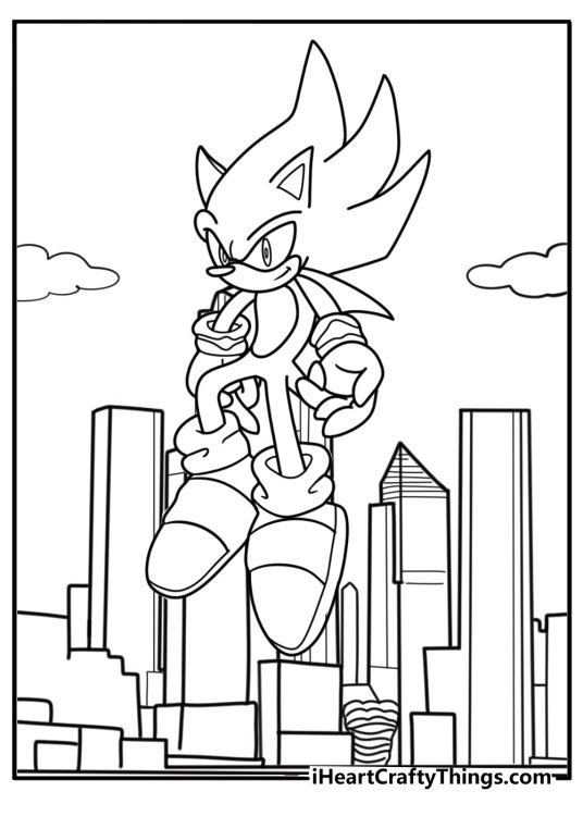 Hyper Sonic on a futuristic background coloring page