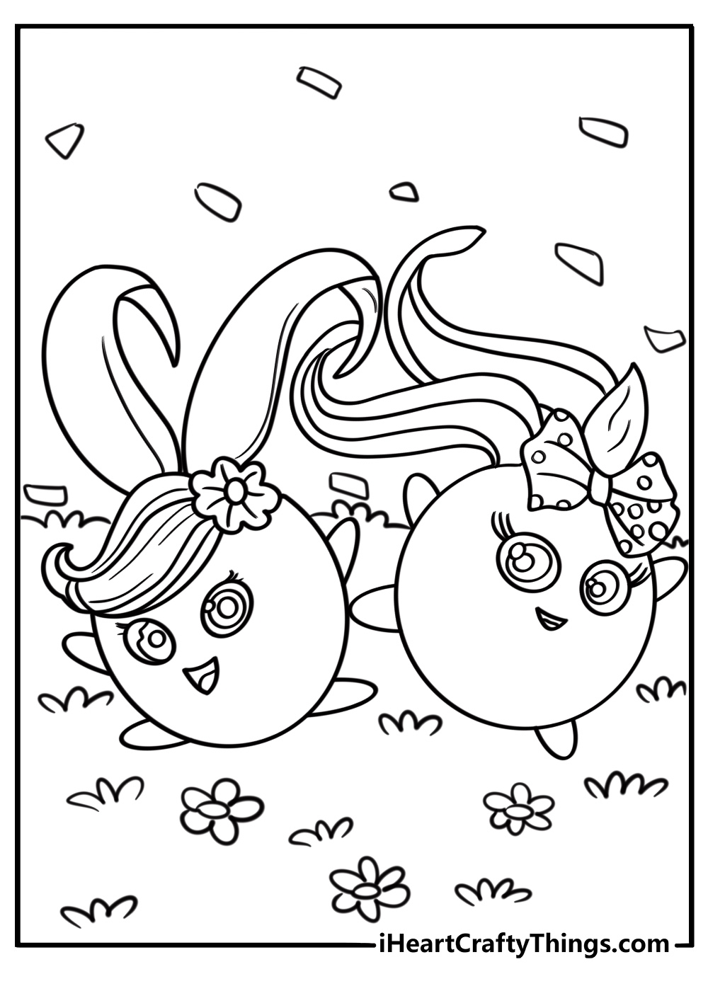 Iris and Shiny dancing near flowers coloring page