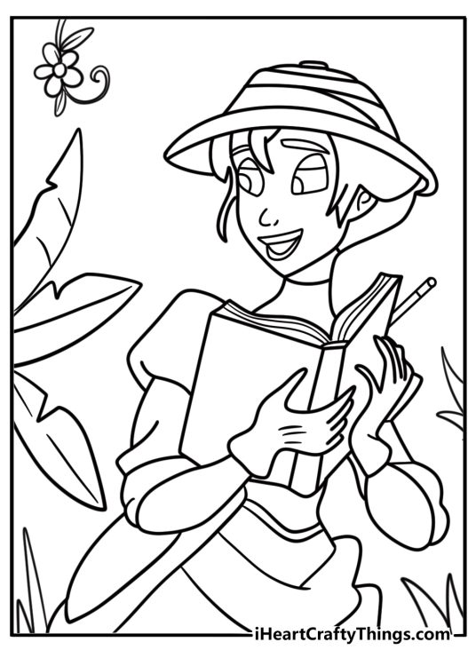 Jane drawing plants in her sketchbook coloring page