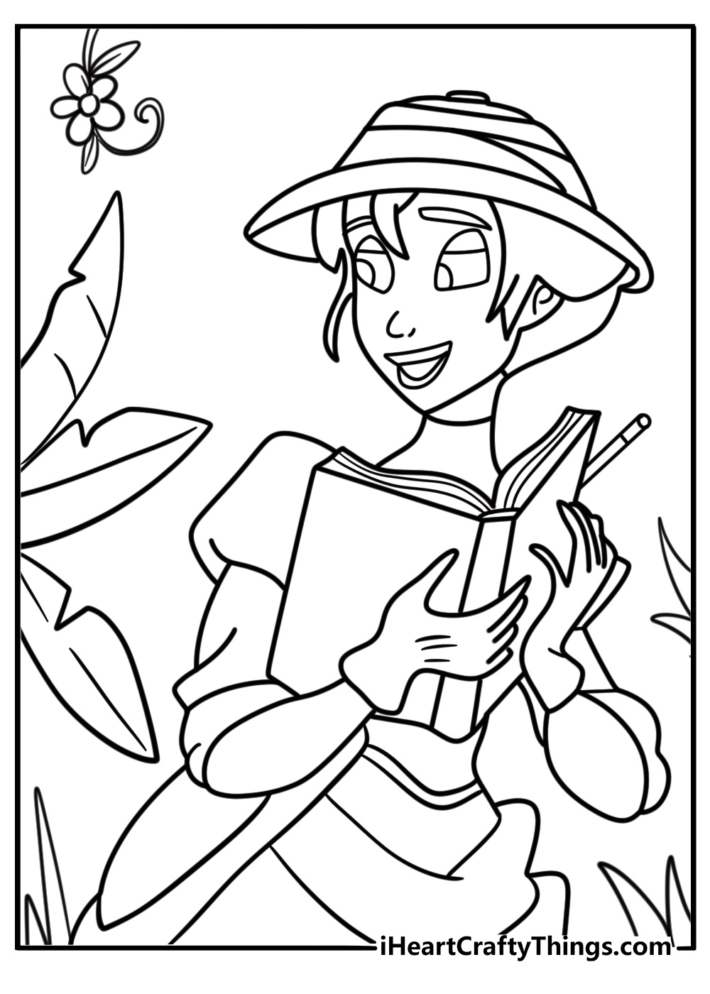 Jane drawing plants in her sketchbook coloring page