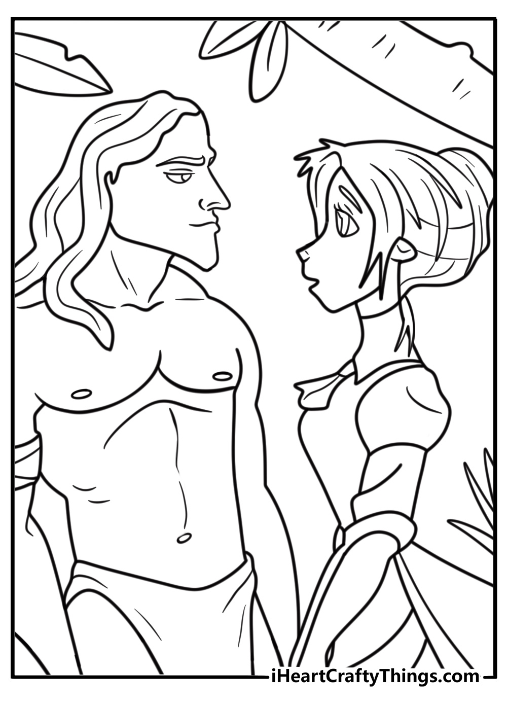 Jane standing beside Tarzan in the jungle coloring page