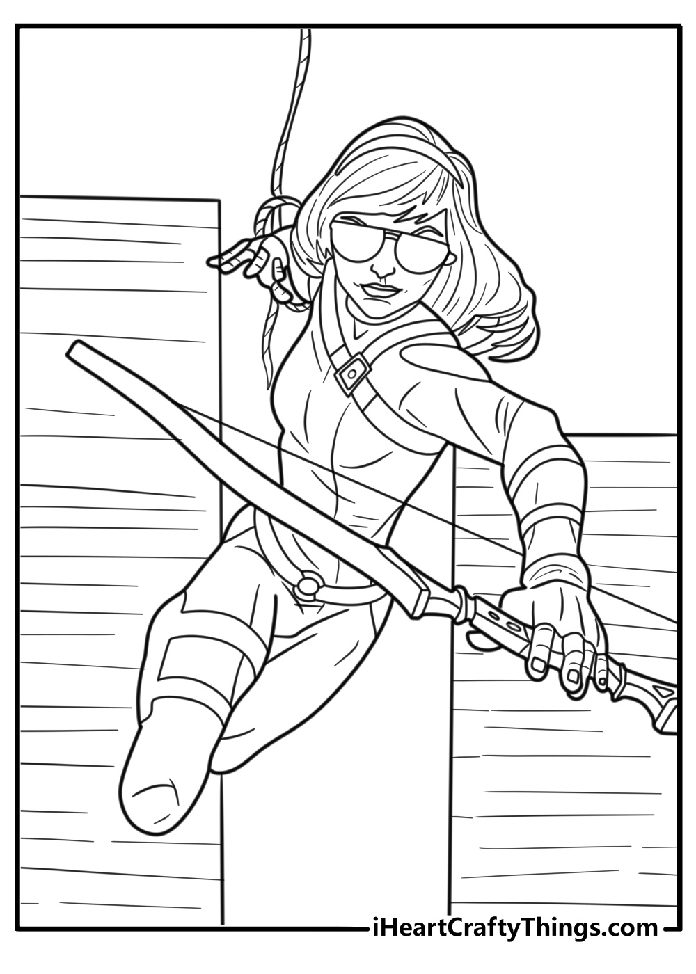 Kate Bishop hanging from a wire with bow coloring sheet