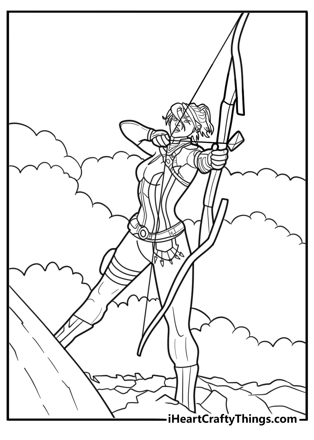 Kate Bishop hiding behind cover aiming coloring sheet