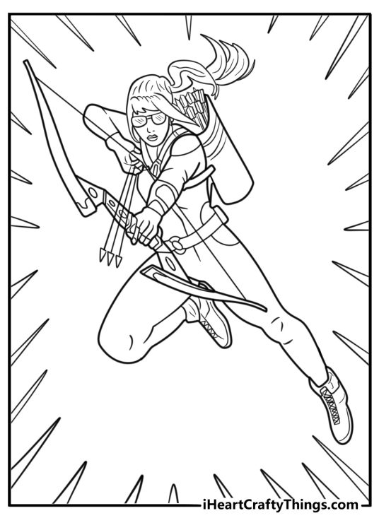 Kate Bishop holding multiple arrows coloring sheet