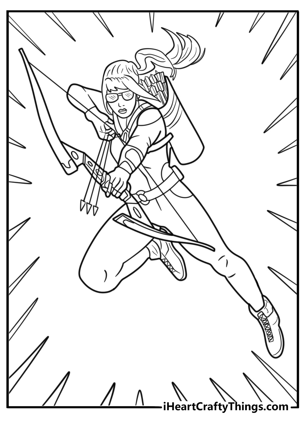 Kate Bishop holding multiple arrows coloring sheet