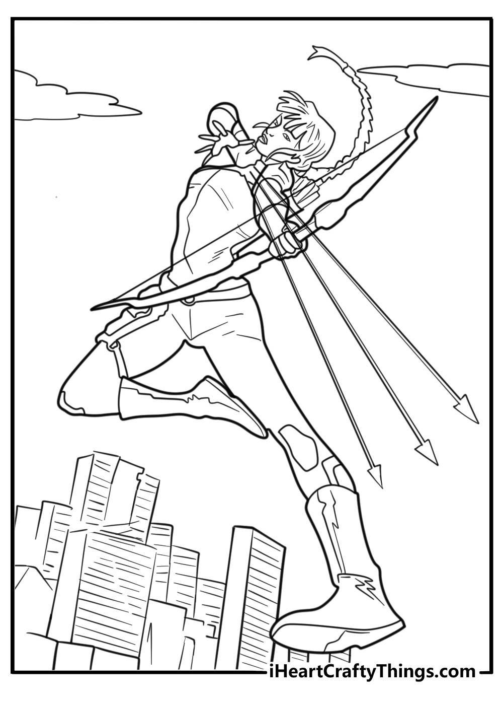 Kate Bishop jumping from a rooftop with arrow drawn coloring sheet