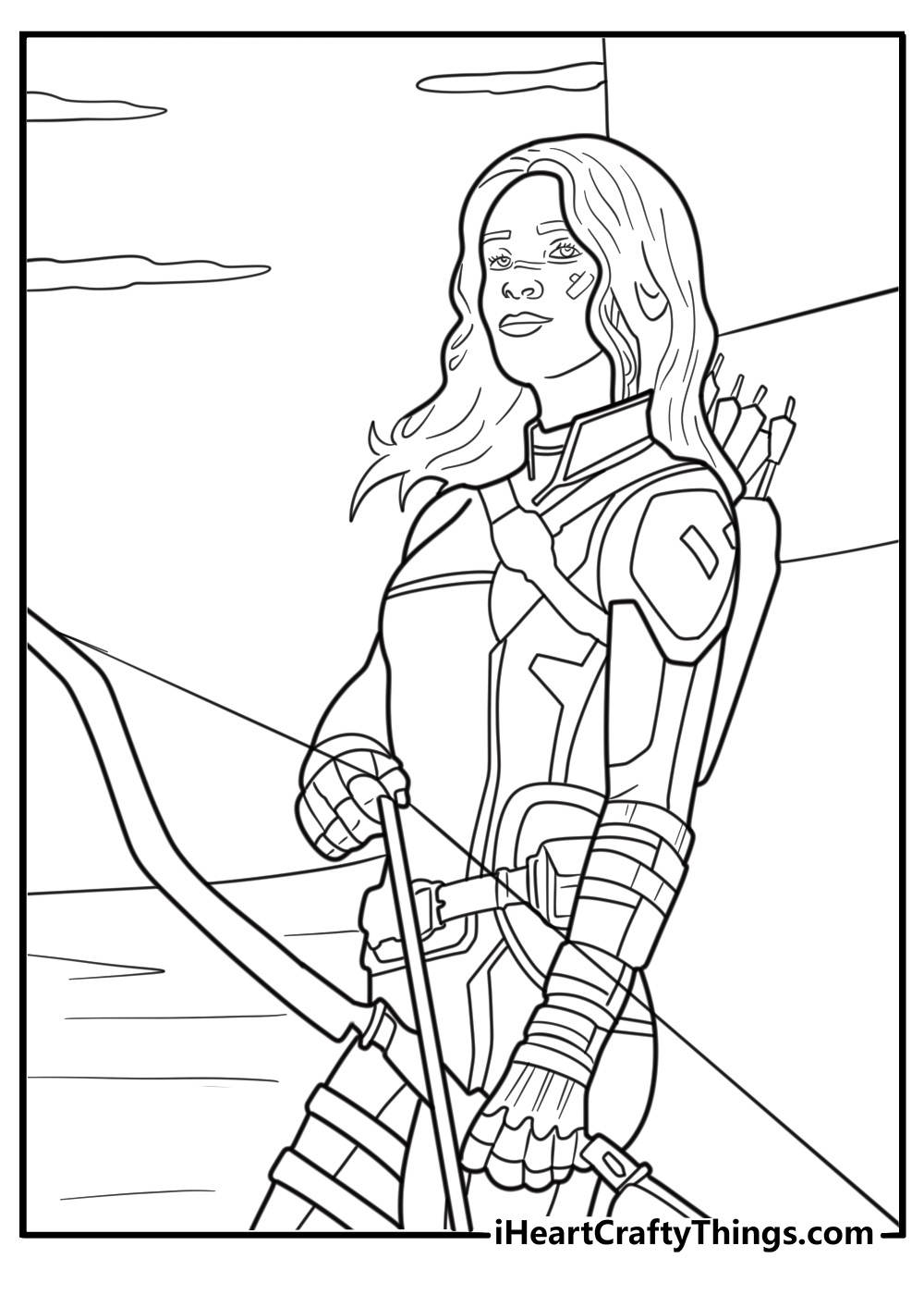 Kate Bishop practicing archery in a gym fun coloring sheet
