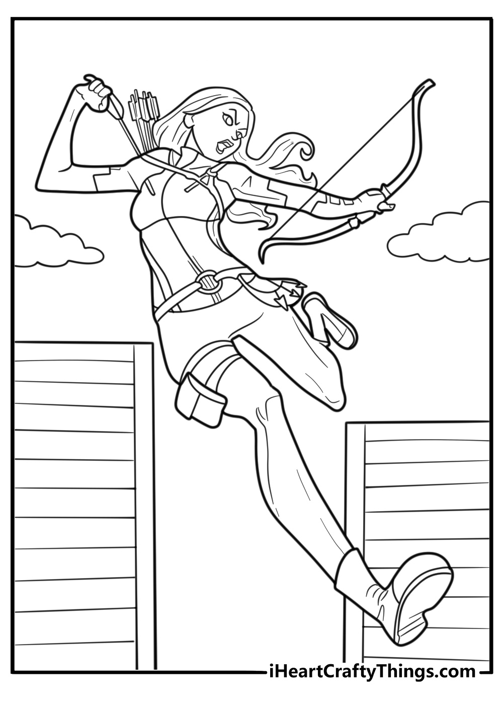 Kate Bishop sliding with a bow in hand coloring sheet