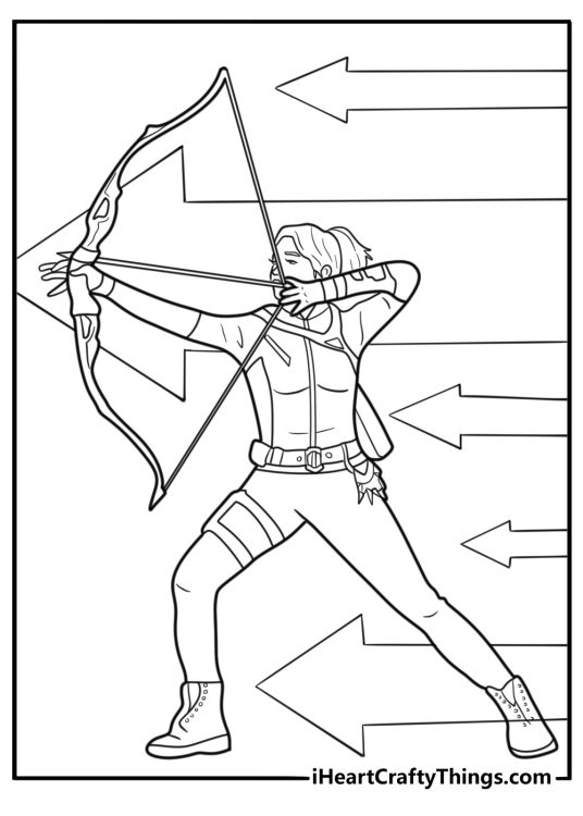 Kate Bishop standing with her bow drawn coloring page