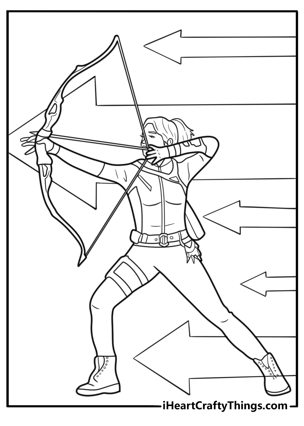 Kate Bishop standing with her bow drawn coloring page
