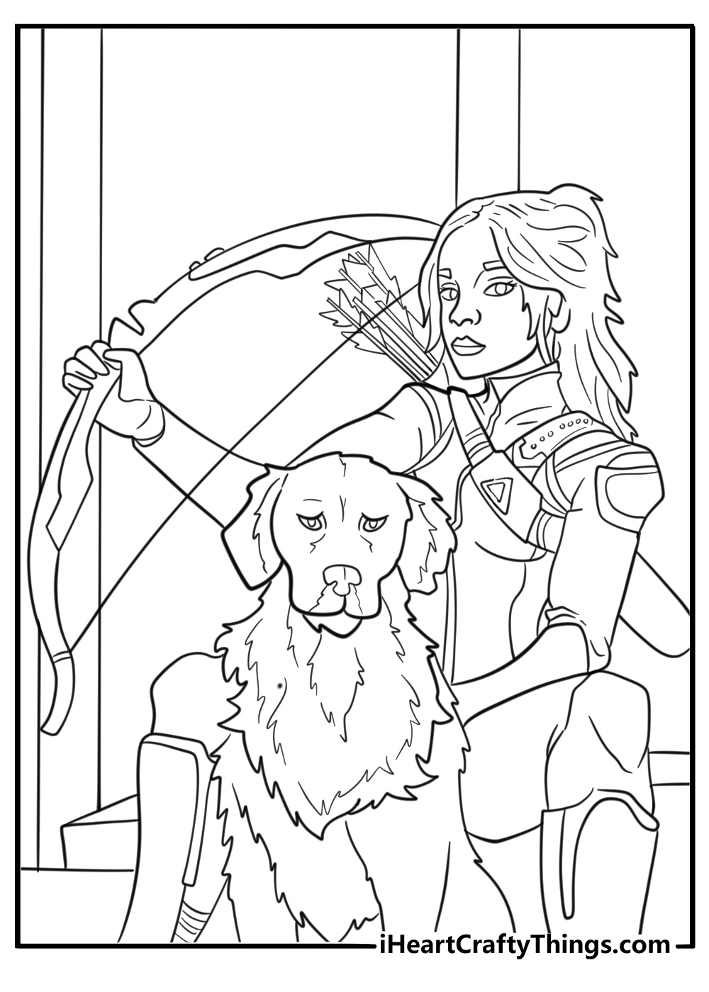 Kate Bishop with Lucky the Pizza Dog printable coloring sheet