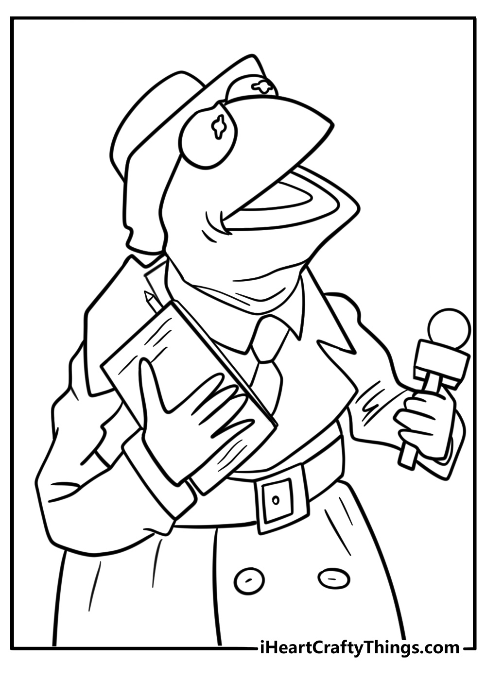 Kermit the Frog holding a notepad as a news reporter coloring page
