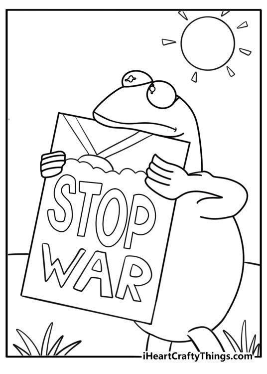 Kermit the Frog holding a sign in a peaceful protest scene coloring sheet