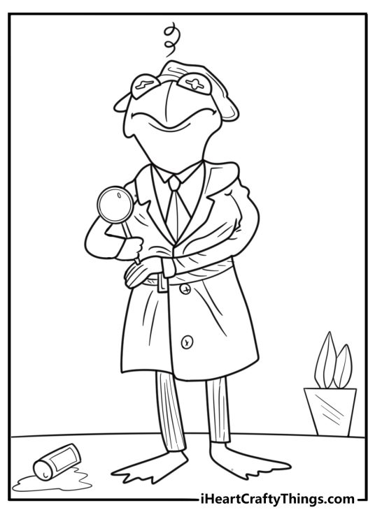 Kermit the Frog in a detective costume solving a case coloring page