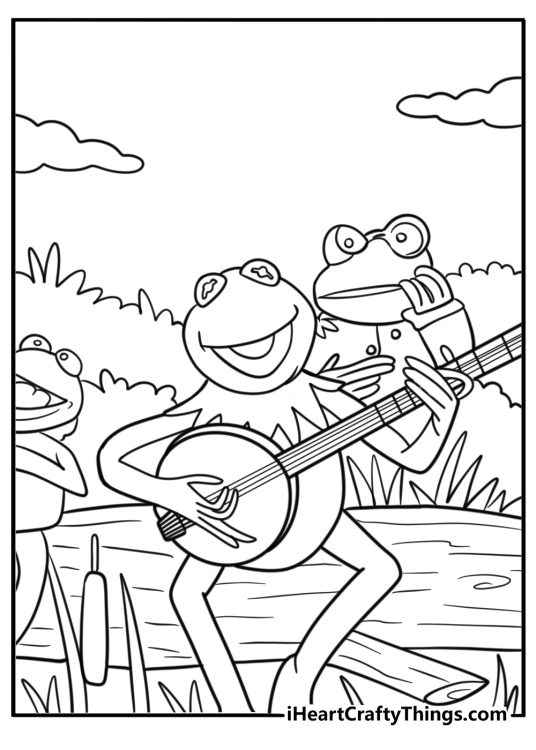 Kermit the Frog in a musical scene with Muppet band coloring sheet
