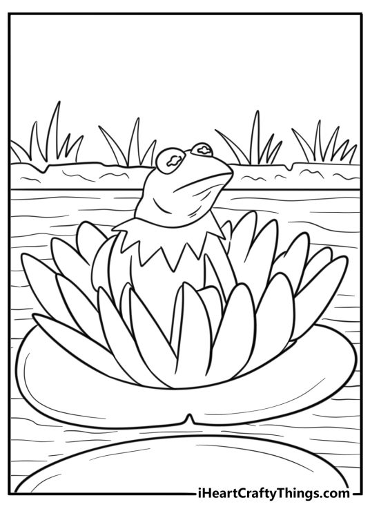 Kermit the Frog in a swamp with lily pads coloring sheet