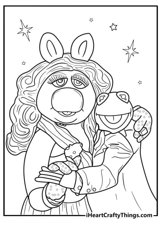 Kermit the Frog next to Miss Piggy in a formal outfit coloring sheet