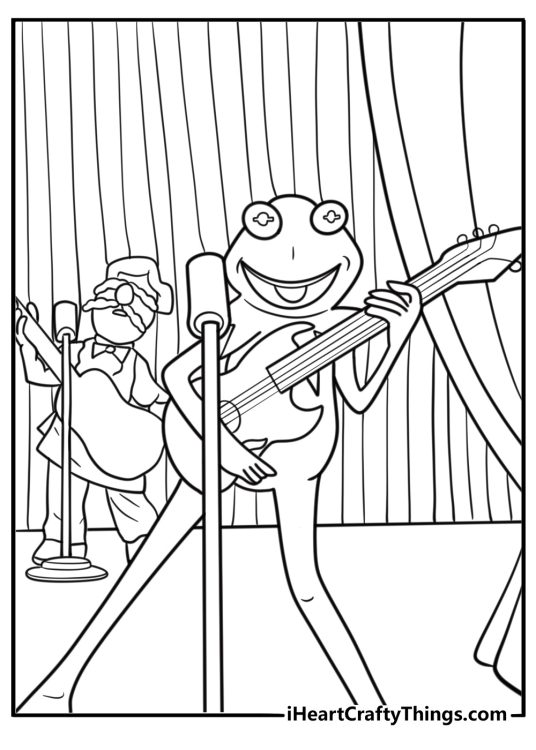 Kermit the Frog playing guitar with friends free coloring page pdf