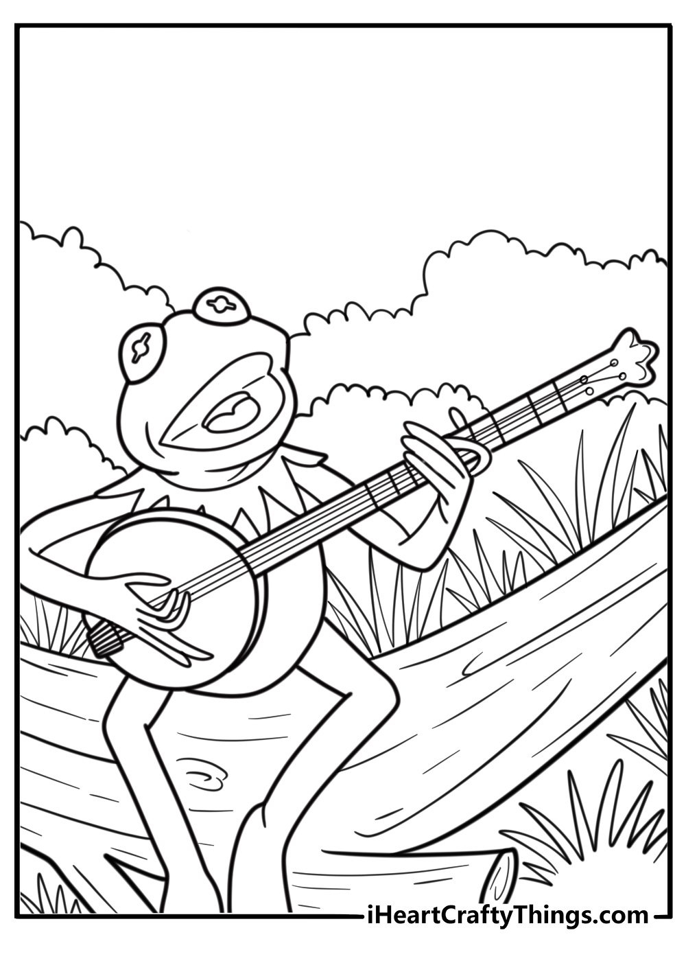 Kermit the Frog playing the banjo on a log coloring page