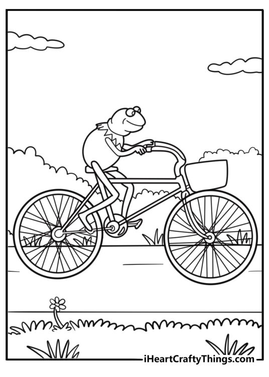 Kermit the Frog riding a bicycle printable coloring page