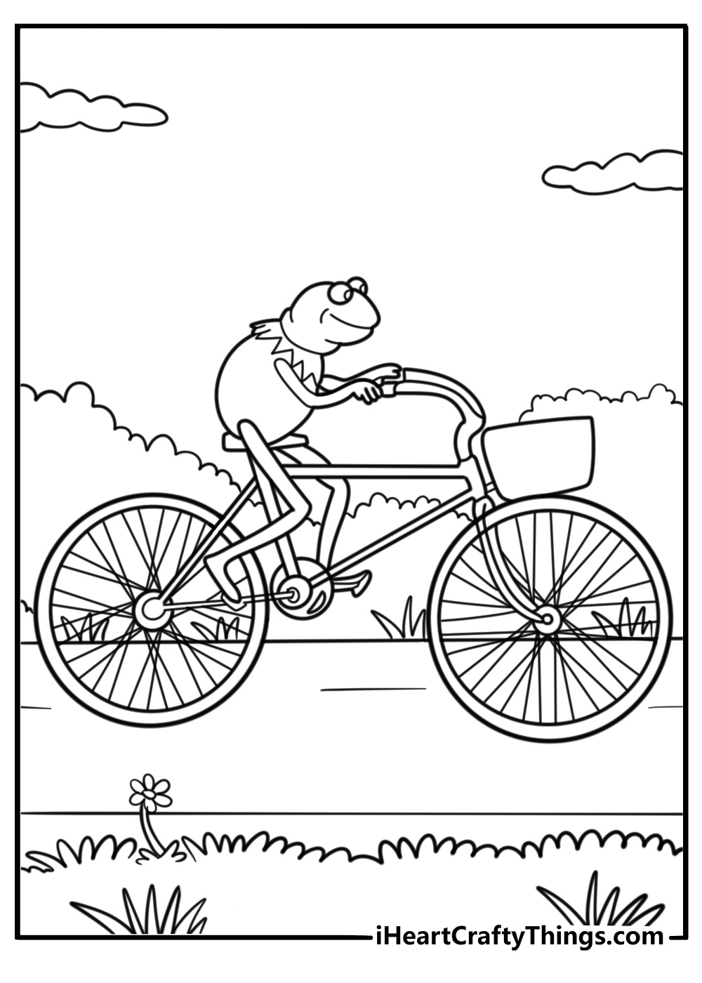 Kermit the Frog riding a bicycle printable coloring page