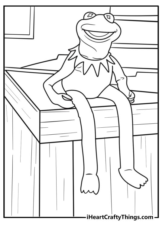 Kermit the Frog sitting at a desk as a talk show host coloring sheet