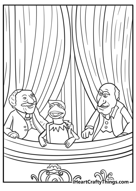 Kermit the Frog sitting in a theater balcony with Statler and Waldorf coloring sheet