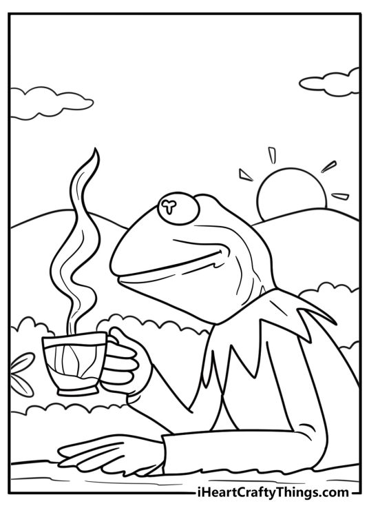 Kermit the Frog sitting quietly with a cup of tea coloring page