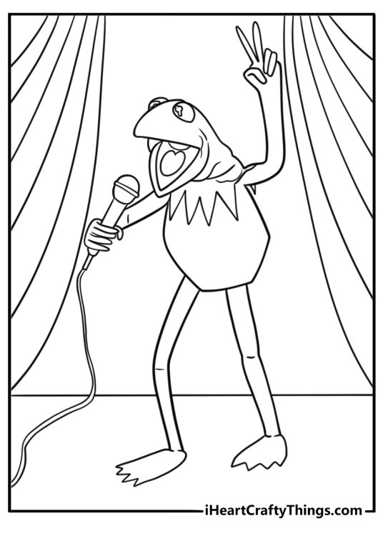 Kermit the Frog with a microphone on stage coloring sheet