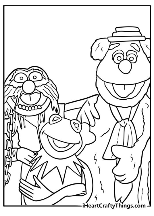 Kermit the Frog with Animal and Fozzie Bear coloring sheet