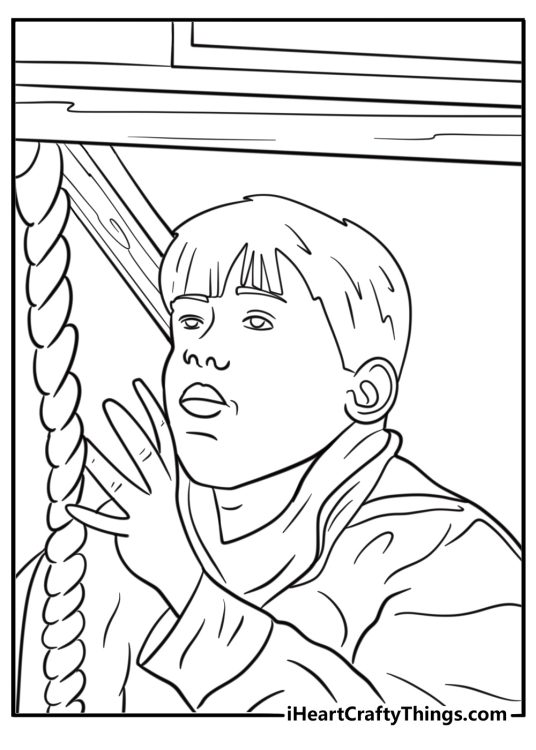 Kevin climbing up the attic stairs with rope coloring sheet