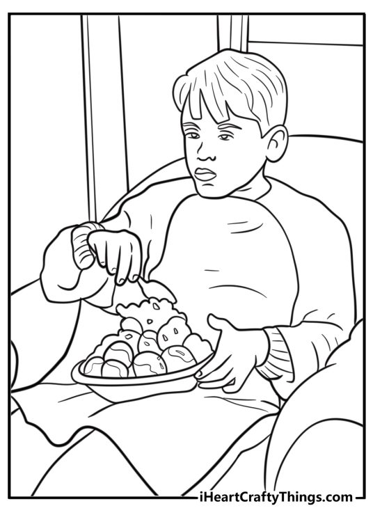 Kevin eating ice cream while watching movies coloring sheet