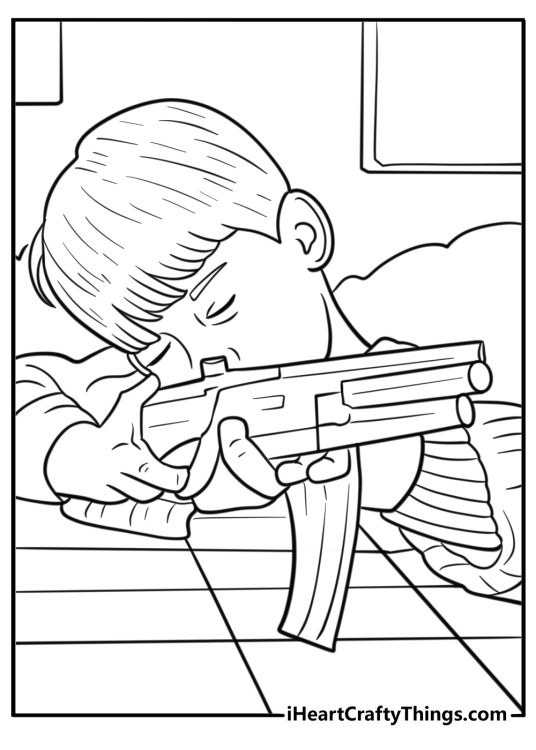 Kevin holding bb gun aiming down the stairs coloring page