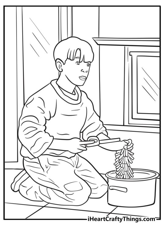 Kevin lighting firecrackers inside a cooking pot coloring sheet
