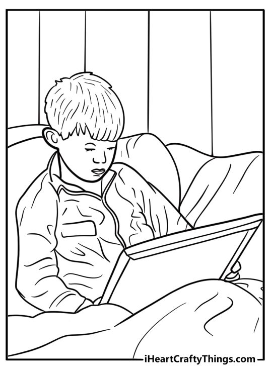 Kevin looking at his family photo before going to bed coloring sheet