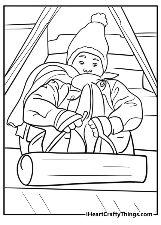 Kevin sliding down the stairs on a sled coloring sheet