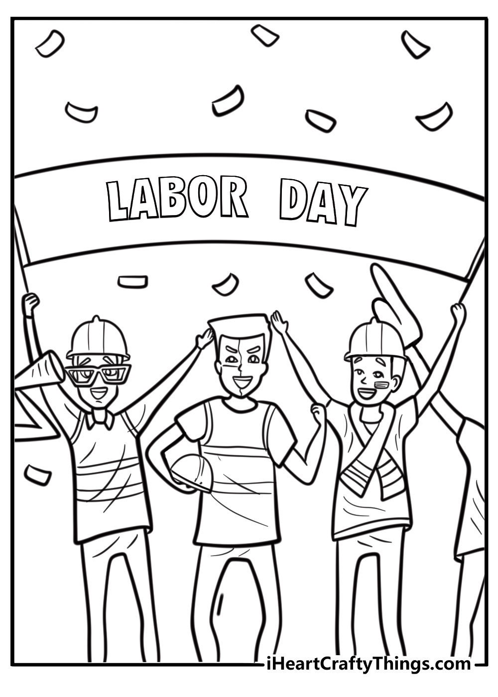 Labor union members holding banners in unity coloring sheet