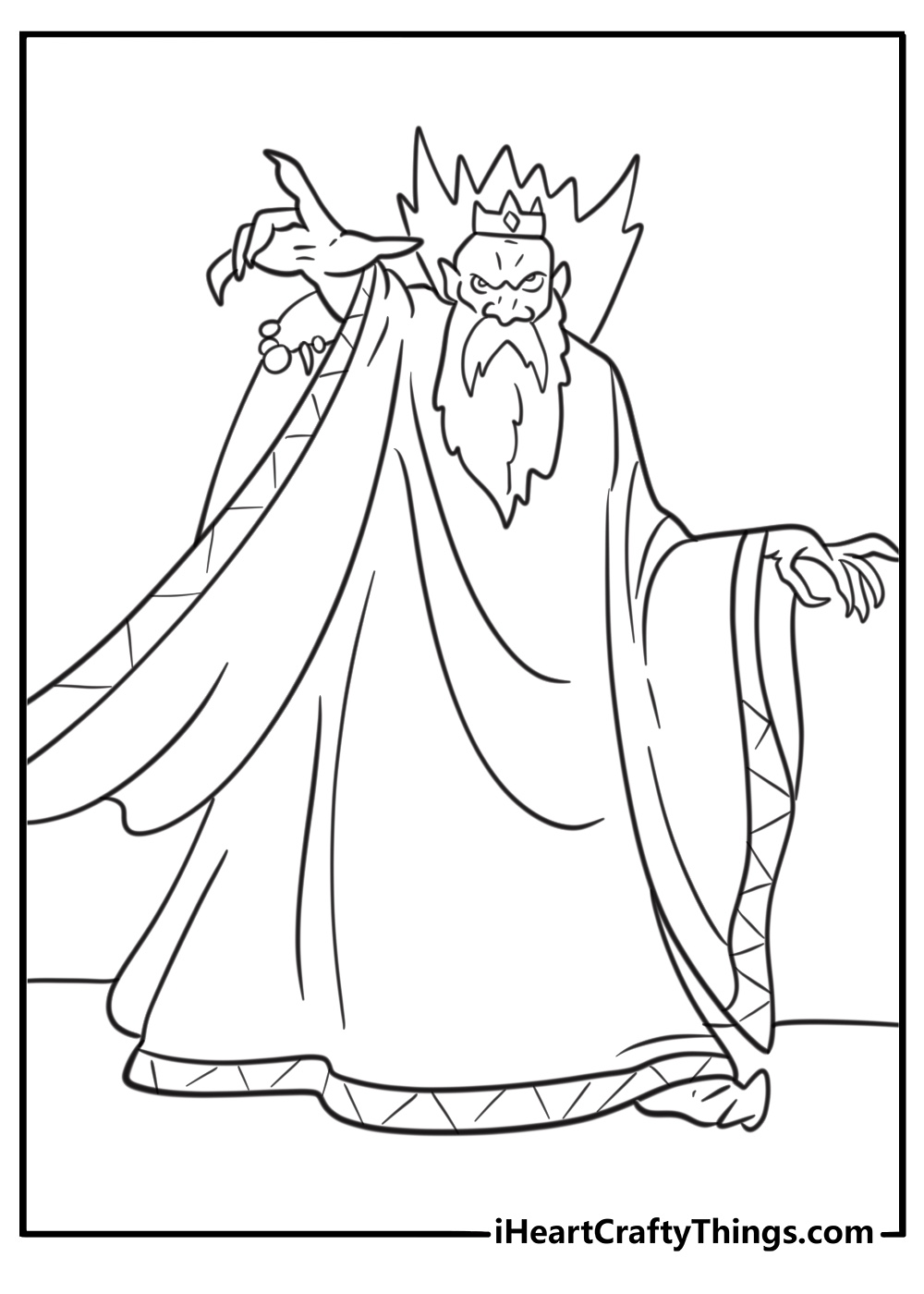 Lich wearing a crown with undead behind him coloring page