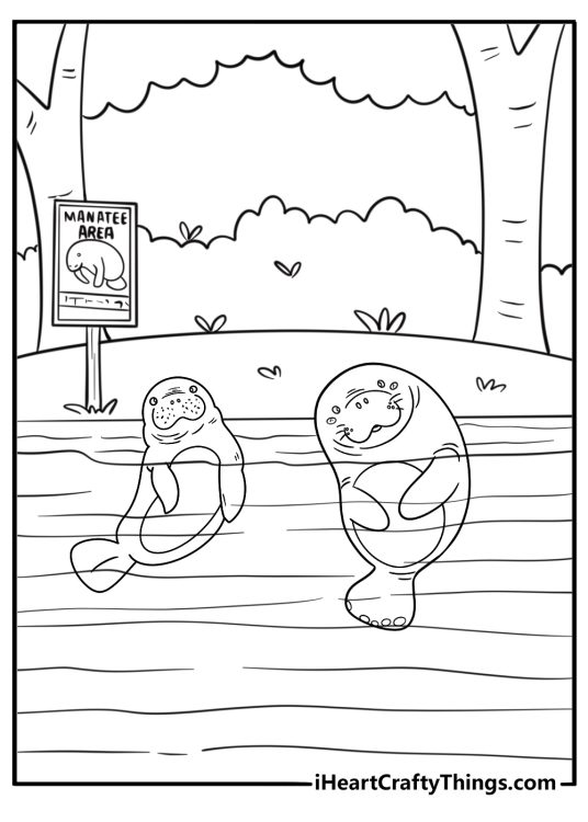 Manatee in a nature reserve with signs coloring sheet